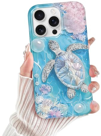 Xylota Fodral för iPhone 16 Pro, Sommar Ästetisk Ocean Sköldpadda Design Collage Tunn Mjuk Silikon TPU Stötsäkert Anti-Scratch Skyddande Fodral för iPhone 16 Pro 6,3, Blå 03
