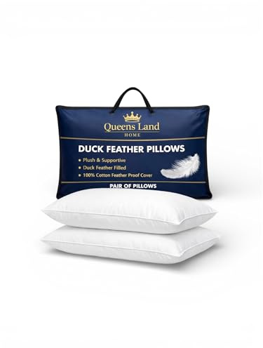 Queens Land Home New Duck Feather Filled Pair of Pillows & 100% Cotton Feather Proof Cover. (Pillow Pair)