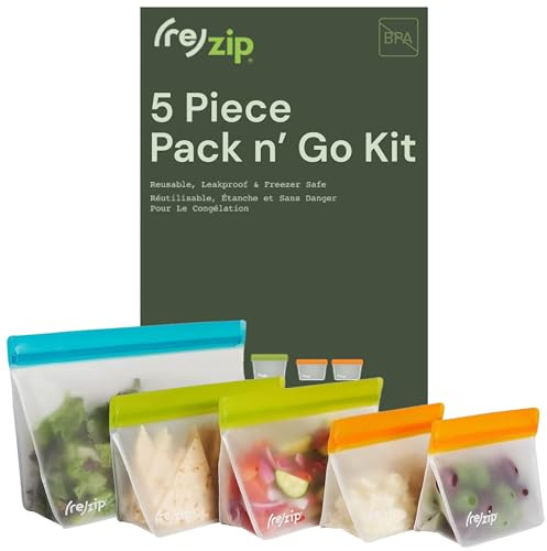 (re) zip 5-Piece Stand-Up Pack n Go Reusable Bag Kit, BPA-Free, Food Grade, Leakproof, Freezer and Dishwasher Safe, Quart (1), 2-Cup (2), Snack (2) - Multicolor