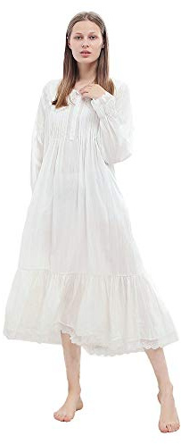 QIKEGooods 100% Cotton Victorian Nightgown Ladies Long Sleeve Nightdress Women Pajamas Sleep Shirt, White, L