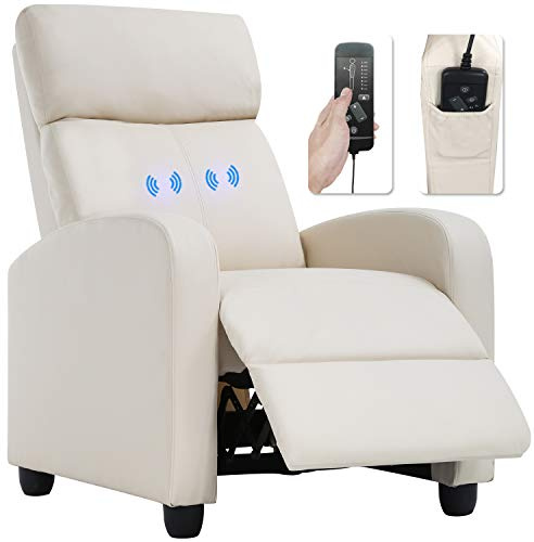 BestMassage | Recliner Chair | with 2 Point Massage Function | Pu Beige | with Lumbar Support, Adjustable Push Back, Footrest & Padded Seat | Easy Assembly | for Living Room, Home Theatre
