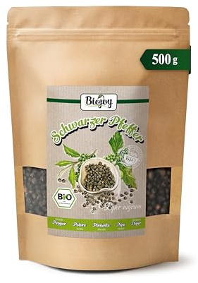 Biojoy Poivre noir en grain BIO (500 g), Graines de Poivre noir pour moulin (Piper nigrum)