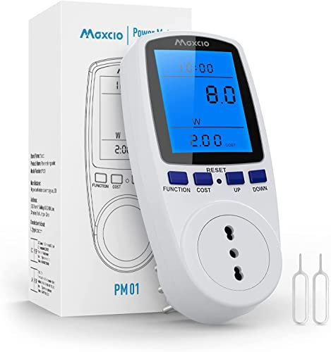 Misuratore Consumo Elettrico, Maxcio Misuratore Corrente con Schermo LCD, Spina Italiana 16A, Retroilluminazione, Misuratore di Potenza con Protezione da Sovraccarico, Massima 3680W - 1 Pezzo