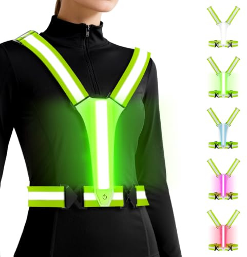 NINEFO Gilet LED Réfléchissant Réglable pour Course et Vélo, Vert | LED avant et arrière, bandes réfléchissantes à 360°, Type-C, env. 20 h, 5 couleurs, 3 modes, réglable