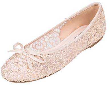 Feversole Ballerinaskor för kvinnor, platt klack, spets, Beige spetstyg, 41 EU