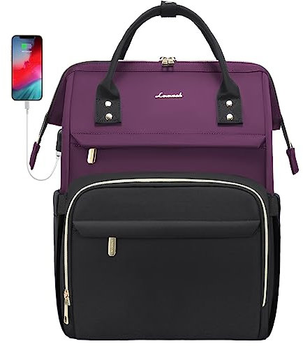 LOVEVOOK Laptop Backpack Women 15.6 inch, Work Bags for Womens, School Computer Bag with USB Port for Business College Travel, Rucksack for Teacher Nurse,PurpleBlack