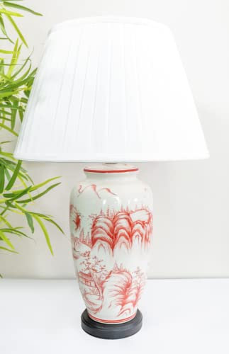 DOWNTON INTERIORS Large White Chinese Oriental Ceramic Porcelain Table Lamp Red Landscape Pattern Overall Height 68cm G2111 (White Pleated Shade)