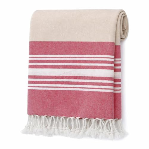 Adore Home Large Hammam Beach Towel Striped Turkish Style Fouta Peshtemal Cotton, Mia Stripe Red & Natural