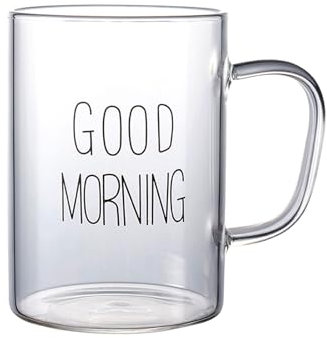 soulnioi Bicchiere alto da caffè in vetro trasparente con manico, per caffè, birra, latte, tè, acqua (Good Moring-Black)