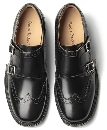 BEAU TODAY Loafer für Damen, Mönchsriemen, Brogue-Leder, Loafer für Damen, bequeme Loafer mit quadratischer Zehenpartie, Business-Casual-Vintage-Kleiderschuhe, Schwarz, 38 EU