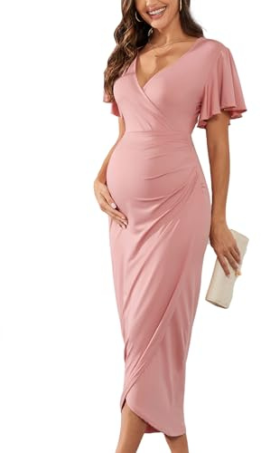 AISWI 2025 Women's Maternity Wrap Dress V Neck Ruffle Sleeves Semi Formal Baby Shower Photoshoot Party Cocktail Pregnancy Dresses, Dusty Pink, Medium
