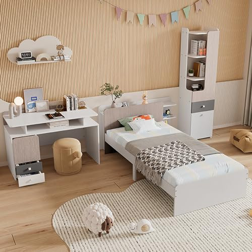 YESGIGA Komplettschlafzimmer Set, Einzelbett + Schreibtisch + Bücherregal, Jugendbett mit Regale, mit Schubladen, 90x200cm (Komplettschlafzimmer Set)