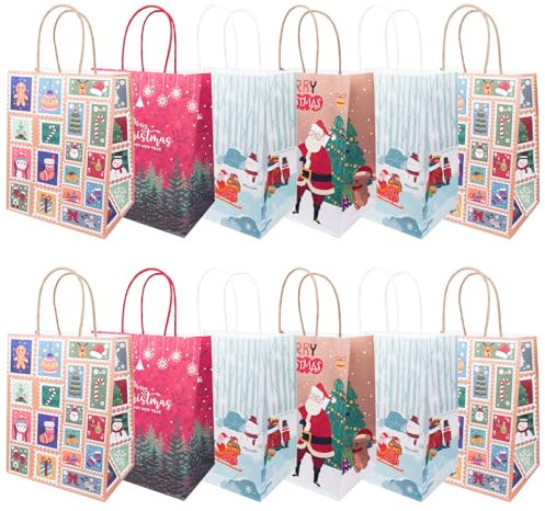 Papiertüten Weihnachten 24 Stück Geschenktüten mit Henkel, Wiederverwendbare Kraftpapier Tüten, Papiertaschen