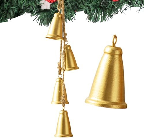 Christmas Bells, Gold Cow Bells Decor Indoor, 4-PCS Rustic Brass Vintage Hanging for Christmas Tree Decoration, Door Knob (Cone)