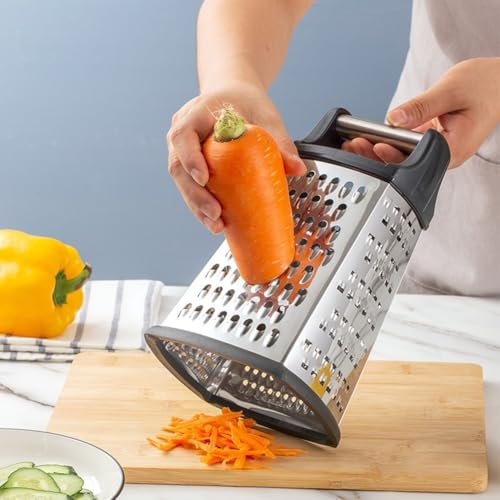 Professional Large Parmesan Cheese Grater, Stainless Steel Metal Box Grater with Handle, 4 Sided Handheld Kitchen Food Shredder for Cheese, Carrot, Veggie, Potato - Dishwasher Safe