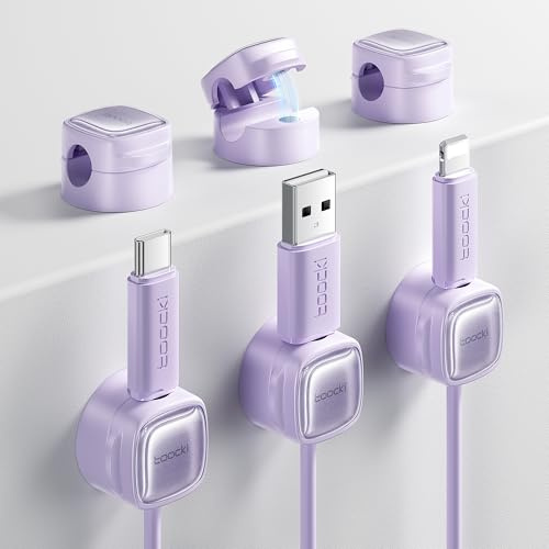 toocki 6 Clips Organizador de Cable Magnético, Soporte Autoadhesivo, Morado | 6 Clips Magnéticos, Soporte Autoadhesivo, para Cables de Carga/HDMI/USB/Audio, Ideal Escritorio/Mesita, Organizador de Cables