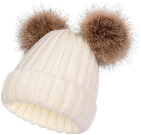 SERENYOU Kinder Wintermütze Mütze Double Pom Pom Kleinkind Jungen Mädchen warm gestrickt Bommelmütze Weiß