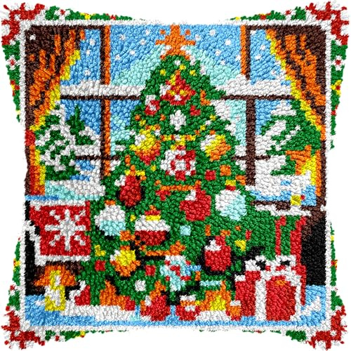 veirousa Christmas Tree Latch Hook Kits for Adults Beginners, Pre-Printed Winter Latch Hook Pillow Kit, Craft Rug Making Kits, DIY Embroidery Cushion for Home Sofa Decor & Gift Idea 17x17 in.