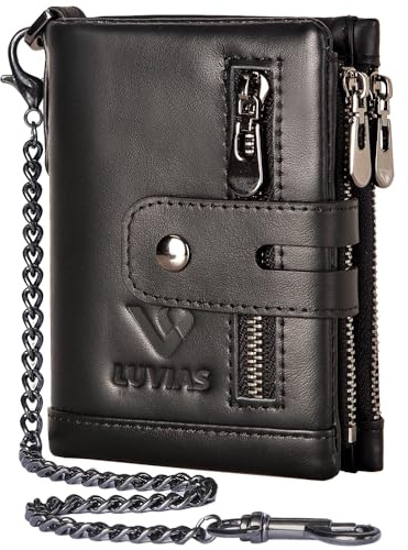 V LUVIAS Anti-Theft Mens Wallet with Chain Genuine Leather ID Window Purse with RFID Blocking Bifold Double Zipper Coin Pocket with Gift Box
