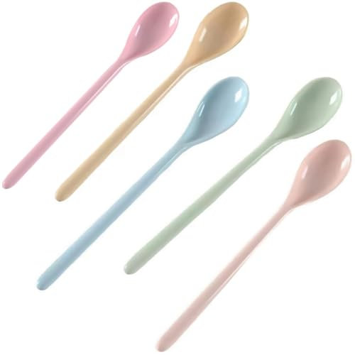 Thapncow 5 cucchiai rotondi in plastica con manico lungo， Cucchiaio a Manico Lungo in Plastica Colorata， Cucchiaini Plastica, per Minestra, Caffè, Dessert, Cocktail, Tè, Gelato, Uova,
