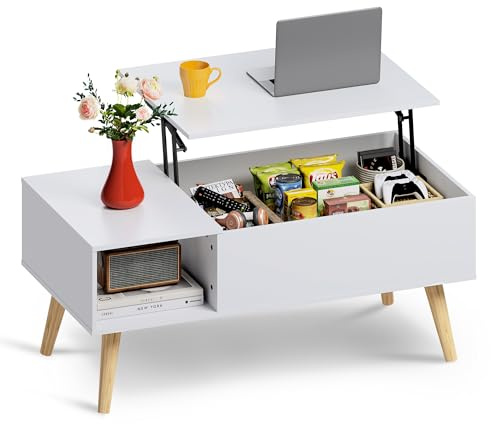 WLIVE Coffee Table for Living Room, Lift Top Coffee Table with Storage, Small Rising Wooden Dining Center Table with Storage Shelf & Hidden Compartment (White, with Lift Top)