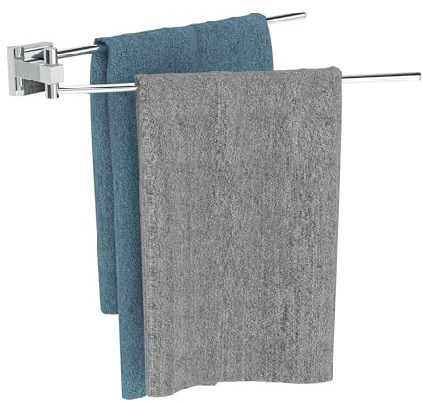 WZRUA Toallero giratorio de base cuadrada, de acero inoxidable, para baño, cocina, soporte para toallas de pared con 2 barras giratorias (cromo)