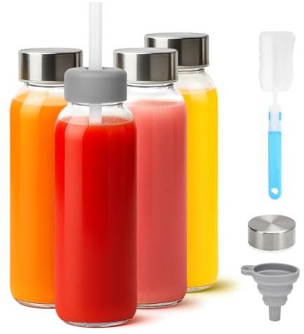 Zukro Glass Water Bottles with Lids & Straw 16 oz, 4 Pack Reusable Juice Bottles With Stainless Steel Cap for Juicing, Leak Proof Clear Smoothie Drinking Jars Beverages Containers, BPA Free