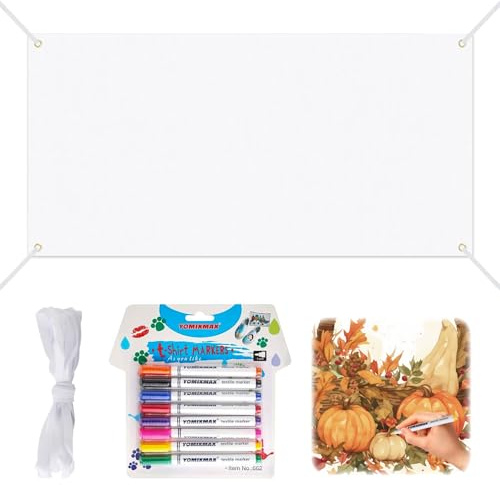 200 x 100 cm, grande striscione vuota fai da te, in poliestere bianco, personalizzabile, con perni in tessuto a 8 colori e corda da appendere da 6 m, tela da dipingere, per compleanni, matrimoni e