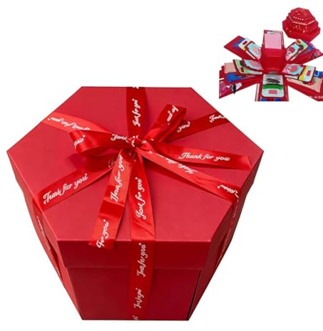 DIY Explosion Gift Box, Multi Layer Hexagon Explosion Box with Ribbon, Creative Folding Gift Boxes Surprise Scrapbooking Boxes for Anniversary, Birthday, Christmas, Valentine's Day (Red)