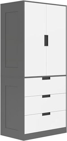 HOMCOM Armoire Chambre penderie avec 2 Portes à Fermeture Douce, 3 tiroirs et Barre de Suspension, Armoire à vêtements, Dressing, Style Moderne, pour Chambre à Coucher, 80x50x180cm, Gris et Blanc