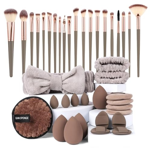 Vicloon Set Pennelli Make up,Kit di 40 strumenti per il trucco di 20 pennelli da trucco e spugne per il trucco,strumenti per il trucco,fasce capelli 2 braccialetti,per fondotinta,palpebra,cipria