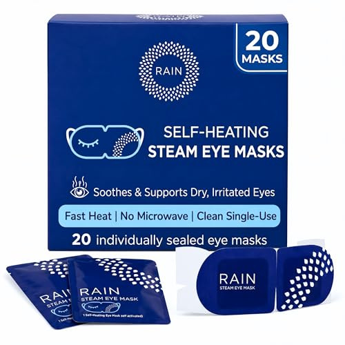 Rain - Heated Eye Mask for Dry Eyes, Self Heating Steam Eye Masks Disposable, Warm Compress for Eyes, Stye Treatment, Moist Heat, Unscented, No Microwave, Travel Ready (20 Masks)