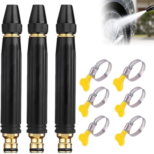 Ugello per tubo ad alta pressione a 360°, con ugello rinforzatore e 2 fascette stringitubo, 3 tipi di getto, pistola ad acqua 10 volte potente per la pulizia dell'auto, tubo da giardino in acciaio