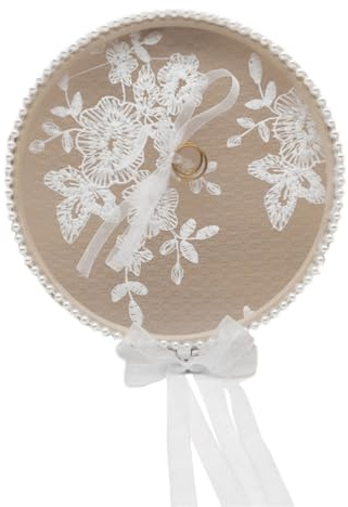 HOMOCONO Cojín de Anillos Boda de Madera Artesanal con Lazo Soporte Decorativo para Anillos de Boda Almohada para Ceremonia y Compromiso Joyero Rústico para Alianzas