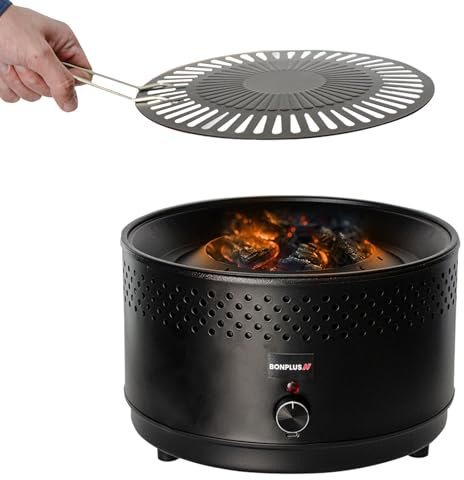 Bonplus BP Grill Portátil con Bolsa de Transporte, Barbacoa de Carbón Sin Humo, Parrilla de Mesa, Ventilador de batería, Fácil de Limpiar, Cocción Uniforme, Antiadherente, Función 4 en 1