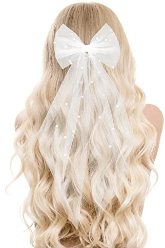 Bridal Bow Veil Pearl Hair Clip - Wedding & Bridesmaid Veil - White Butterflies for Women & Girls
