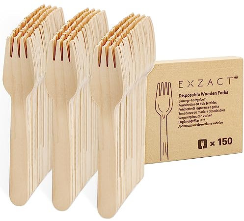 EXZACT Wooden Forks 150pcs - Disposable Party Forks x 150, Camping, Travel and BBQ