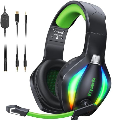 Krysenix PG1 Auriculares Gaming para PS4, PS5, PC, Nintendo Switch, Xbox, Cascos con Micrófono, Cascos Gaming Cancelación de Ruido, Auriculares con Conector de 3.5 mm y luz RGB, Negro/Verde
