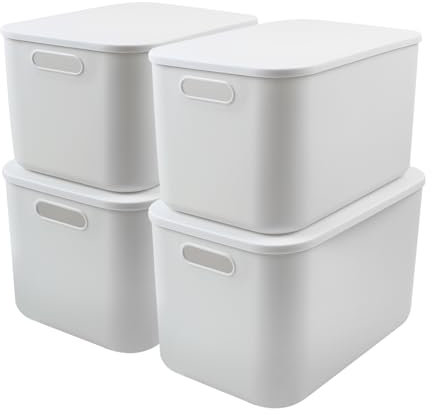 MaxEarn Pack of 4 23 L Plastic Storage Boxes with Lid, 37 x 26 x 24 cm Plastic Box Organiser Box, Stackable Organiser Boxes with Handles, Versatile White Storage Box for Bathroom, Kitchen, Office
