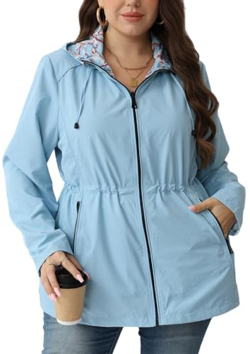 Geschallino Manteau Réversible Décontracté pour Femmes Grande Taille Coupefvent Imprimé Floral Veste Printemps avec Capuche 6132APLUS L.Blue 5XL