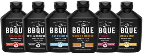 BBQUE – BBQ-Saucen Set Sensational 6 Squeeze-Flaschen 6x400 ml – Barbecuesauce (Original, Grill & Buchenholz, Chili & Kren, Bacon, Honig & Senf, Whisky & Marille) – Zum Grillen, Marinieren, Dippen
