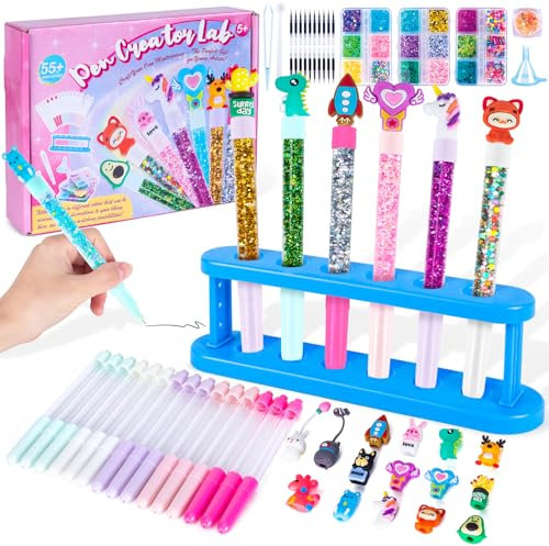 FGZU Atelier de Stylos Bricolage Enfant, idée Cadeau Fille 4 6 8 Ans,Activites Manuelles pour Enfants 5 7 9 10 Ans,Set de Stylo Personnalisés DIY avec 55+ Accessoires,Cadeau Anniversaire Fille Garcon