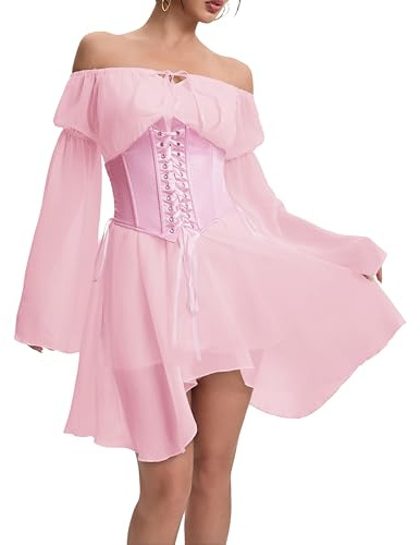 XKBHYD Ladies Two Piece Sets Corset Dress Off Shoulder Bell Sleeve Chiffon Dresses Womens Lace-Up Mini Bustier Party Dress Pink