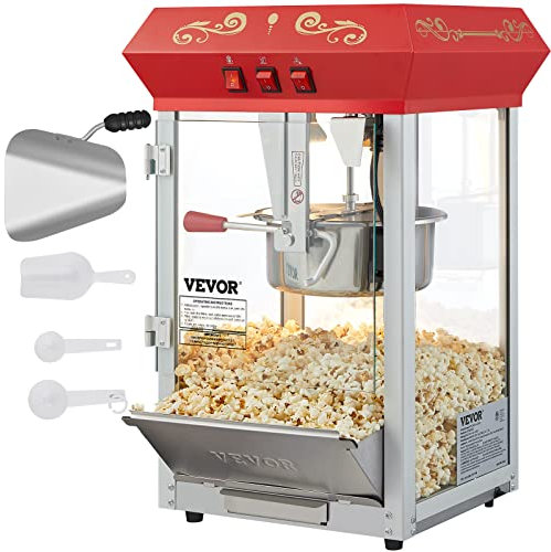 VEVOR Máquina para Hacer Palomitas de Maíz de Encimera, 850 W, 8 oz, 48 Tazas por Lote, con Vidrio Templado, Incluye 4 Cucharas, Estilo Cine, Color Rojo, Alto Rendimiento, 390 x 345 x 610 mm