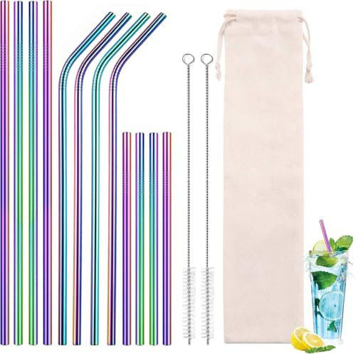 12 Pcs Metal Drinking Straws, 21/20.5/15cm Reusable Metal Straws, Stainless Steel Straw Set with 2 Cleaning Brushes and Storage Bag, Straight and Bent Coloured, for Juice, Cocktail, Drink