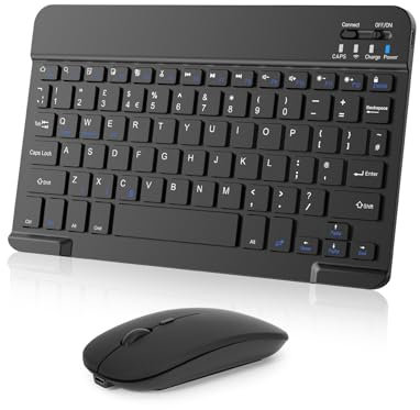 Nsyee Bluetooth Keyboard and Mouse, Universal Compact Wireless Keyboards, Rechargeable Portable for iPad/Samsung/Tablet/iOS/Android/Windows, UK Layout (Black, Keyboard and Mouse)