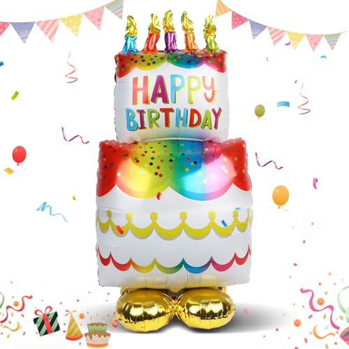 Creaher Happy Birthday Balloon Large Standing Birthday Cake Balloons, Self Inflating Balloon Happy birthday Foil Balloons for Helium Party balloons for Party Decoration