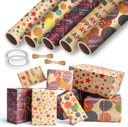 HOMIKLSA 5 Rouleaux Papier Cadeau Anniversaire Enfants Kraft (43cm x 300cm) avec Corde Naturelle & Ruban Double Face, Emballage Cadeaux pour Fêtes d'Enfants