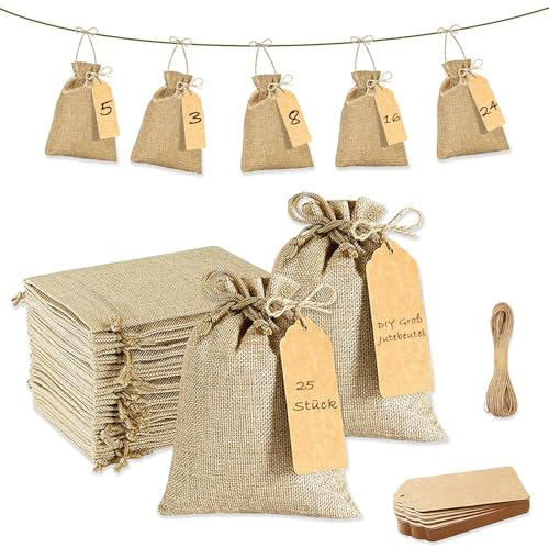 25 pièces sac sacs de jute 15x20cm grand sac de jute avec 25 étiquettes + 10M corde calendrier de l'Avent sacs, bricolage de tissu Noël déco pour remplir Noël Gastgeschenke und Handwerk