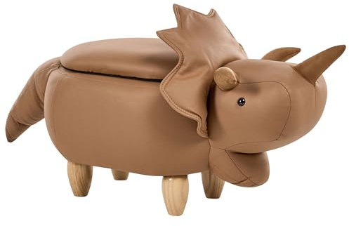 Barnpall i Form av Djur Dinosaurie Klädd i Tyg med Förvaringsutrymme Träben Barnrum Lekrum Brun Triceratops